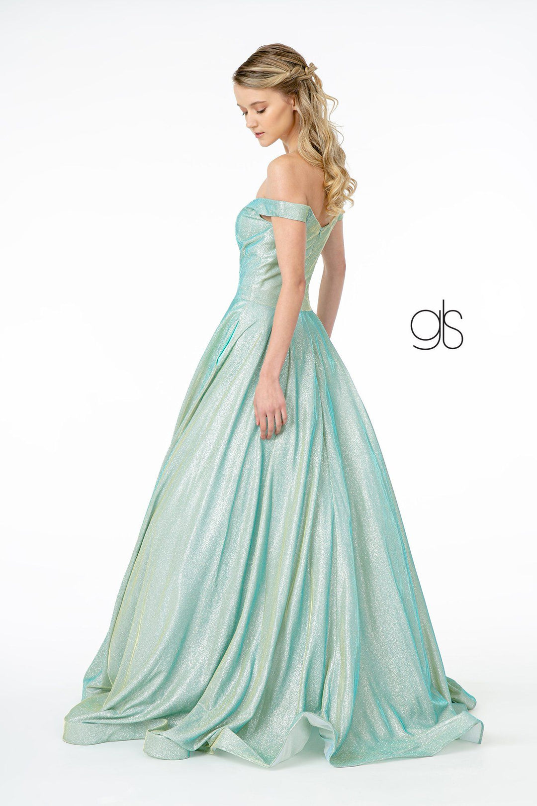 Off Shoulder Long Iridescent Glitter Dress by Elizabeth K GL2904