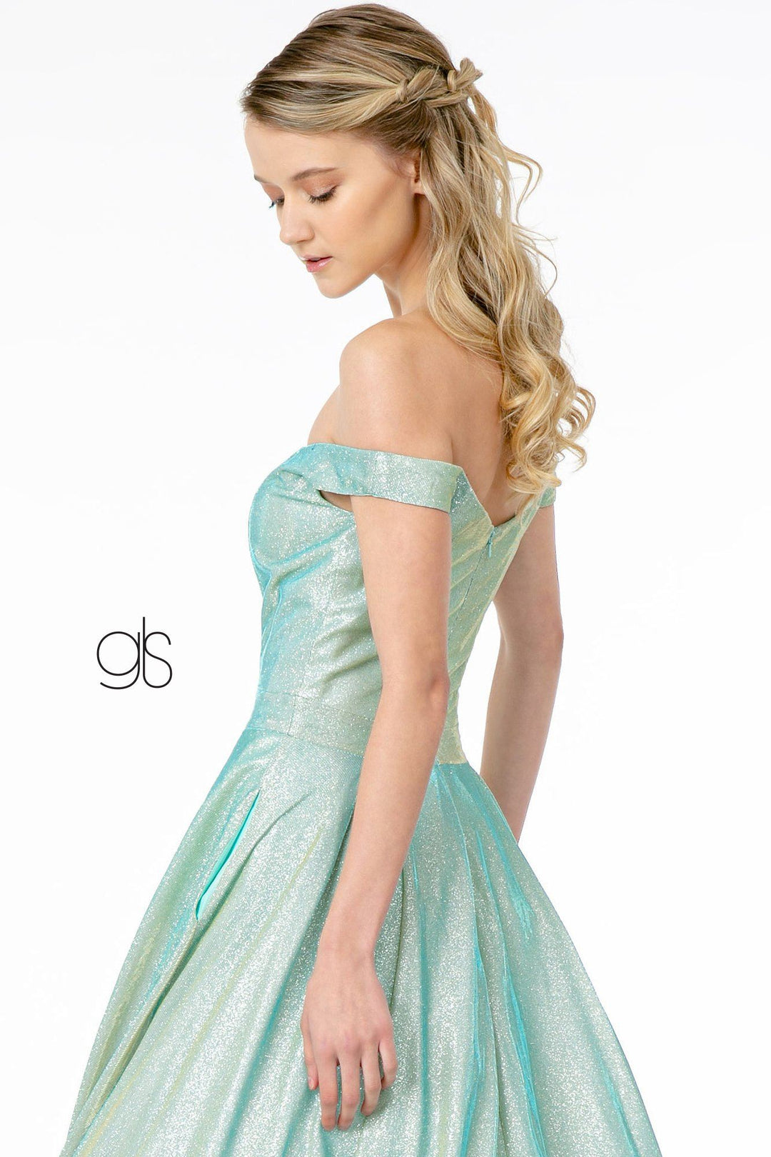 Off Shoulder Long Iridescent Glitter Dress by Elizabeth K GL2904