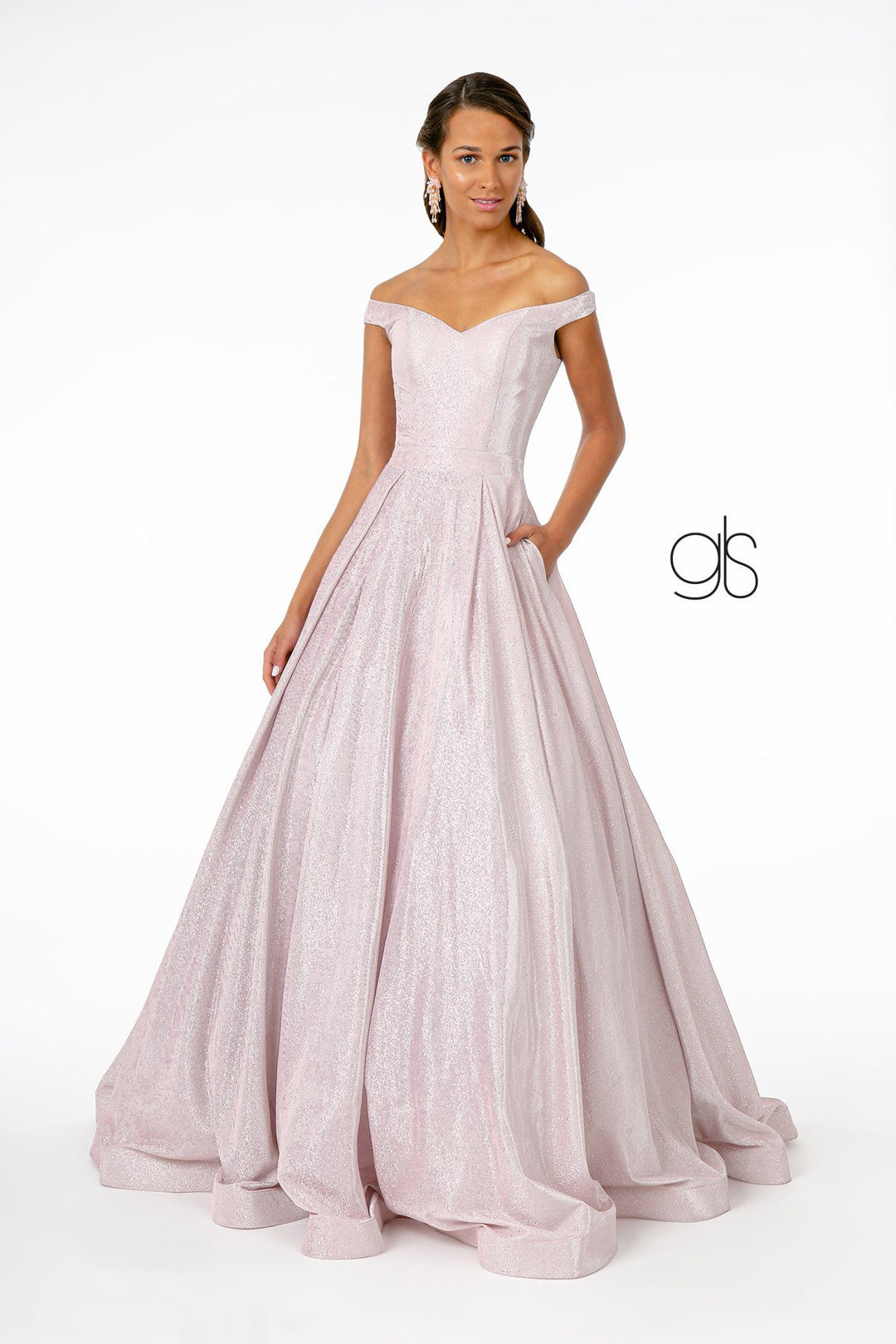 Off Shoulder Long Iridescent Glitter Dress by Elizabeth K GL2904