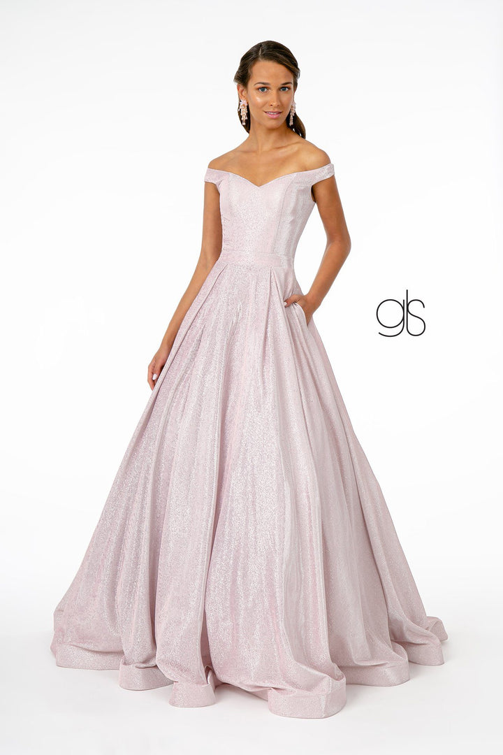 Off Shoulder Long Iridescent Glitter Dress by Elizabeth K GL2904