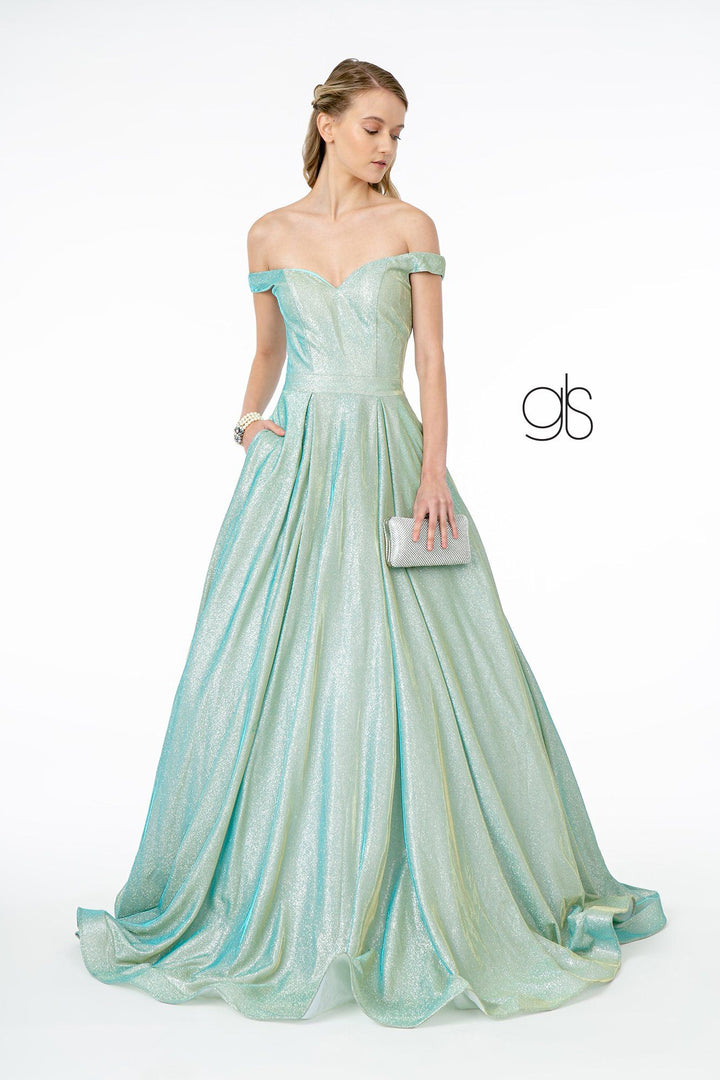 Off Shoulder Long Iridescent Glitter Dress by Elizabeth K GL2904