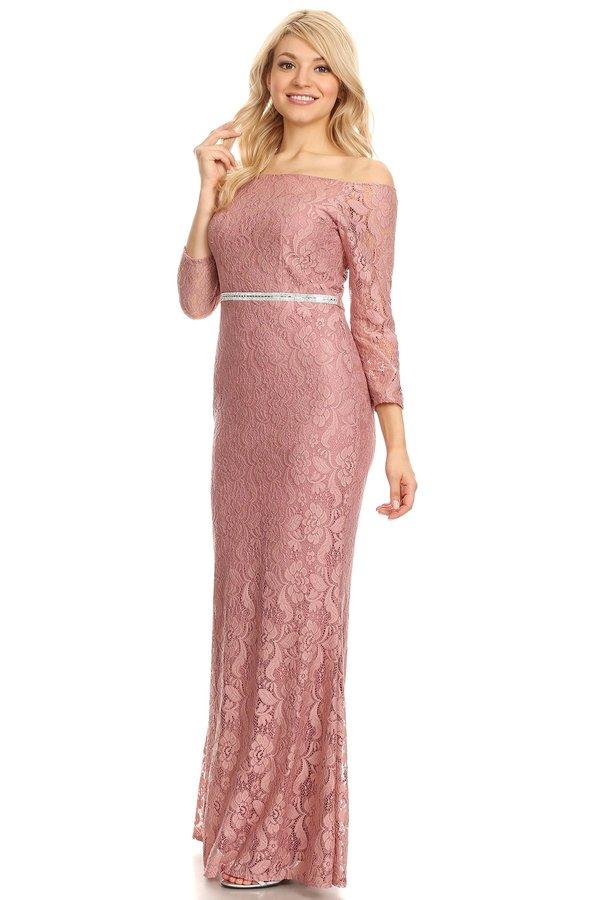 Off Shoulder Long Lace Dress with Sleeves by Celavie 6343L-Long Formal Dresses-ABC Fashion