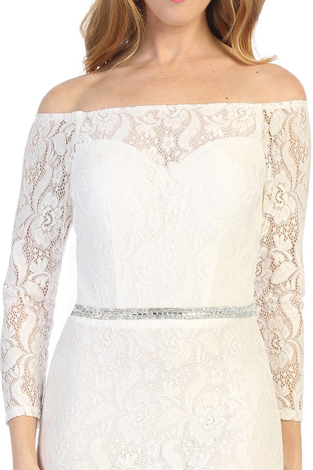Off Shoulder Long Lace Dress with Sleeves by Celavie 6343L