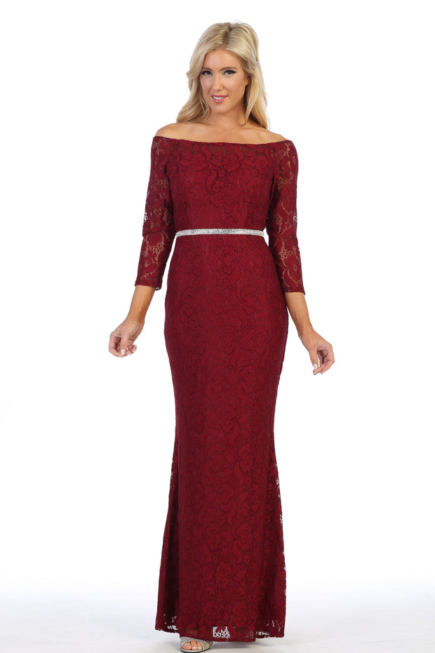 Off Shoulder Long Lace Dress with Sleeves by Celavie 6343L-Long Formal Dresses-ABC Fashion