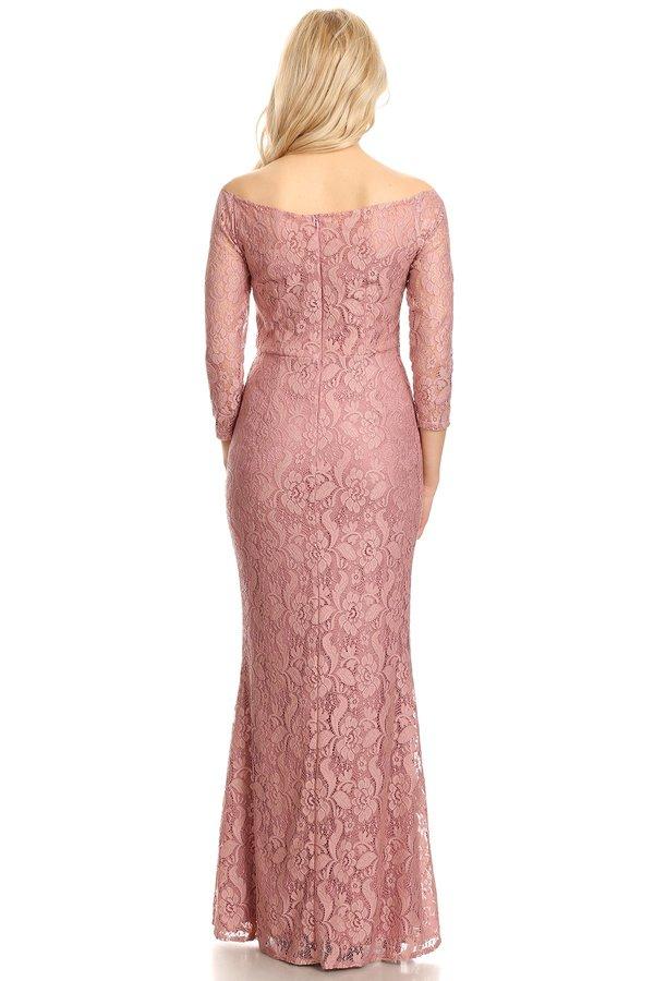 Off Shoulder Long Lace Dress with Sleeves by Celavie 6343L-Long Formal Dresses-ABC Fashion