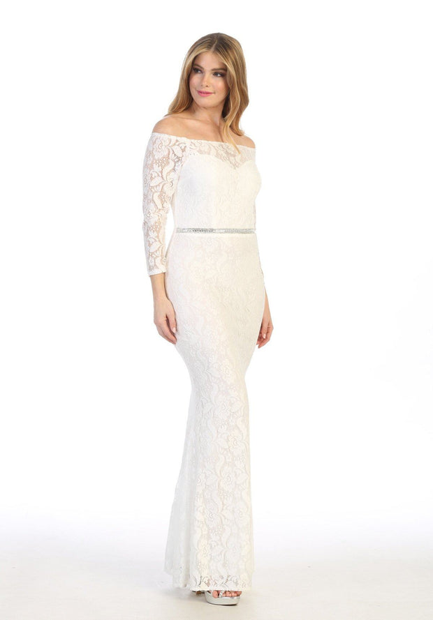 Off Shoulder Long Lace Dress with Sleeves by Celavie 6343L