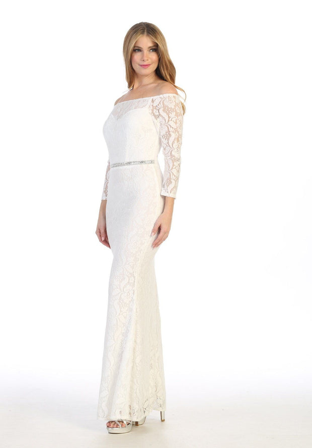 Off Shoulder Long Lace Dress with Sleeves by Celavie 6343L