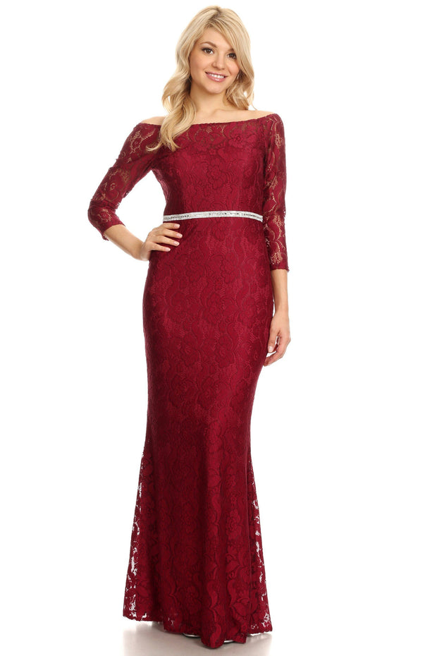 Off Shoulder Long Lace Dress with Sleeves by Celavie 6343L-Long Formal Dresses-ABC Fashion