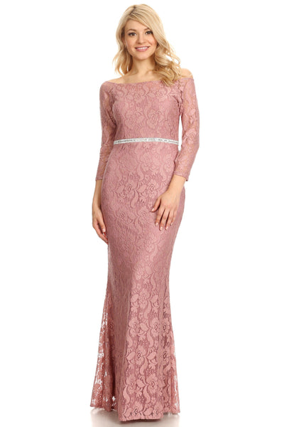 Off Shoulder Long Lace Dress with Sleeves by Celavie 6343L-Long Formal Dresses-ABC Fashion