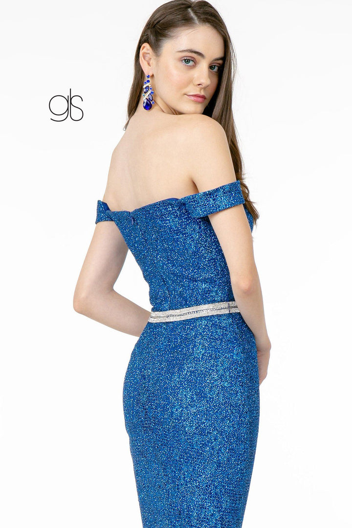 Off Shoulder Long Metallic Floral Lace Dress by Elizabeth K GL1829