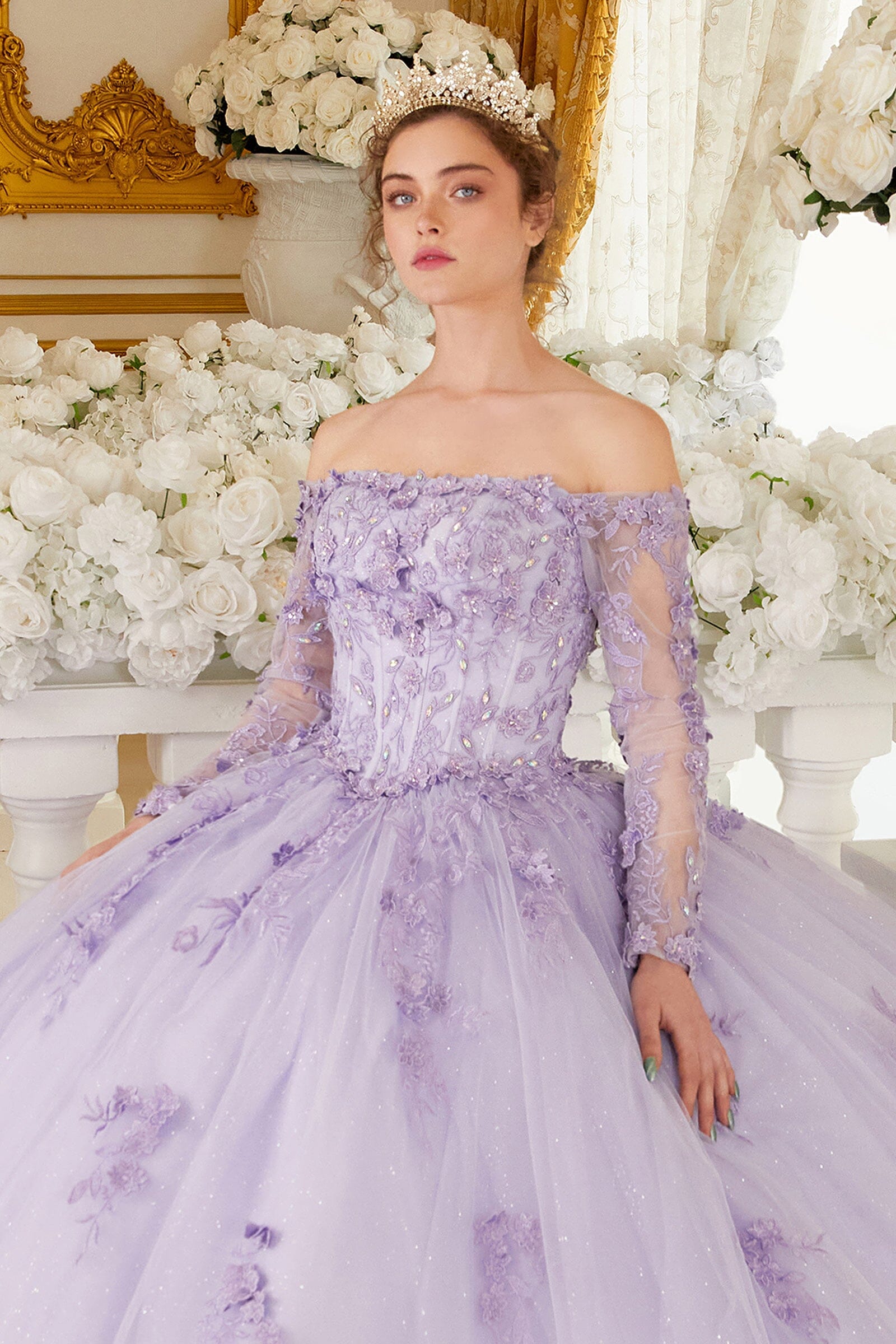 Off the shoulder long sleeve ball gown 2025