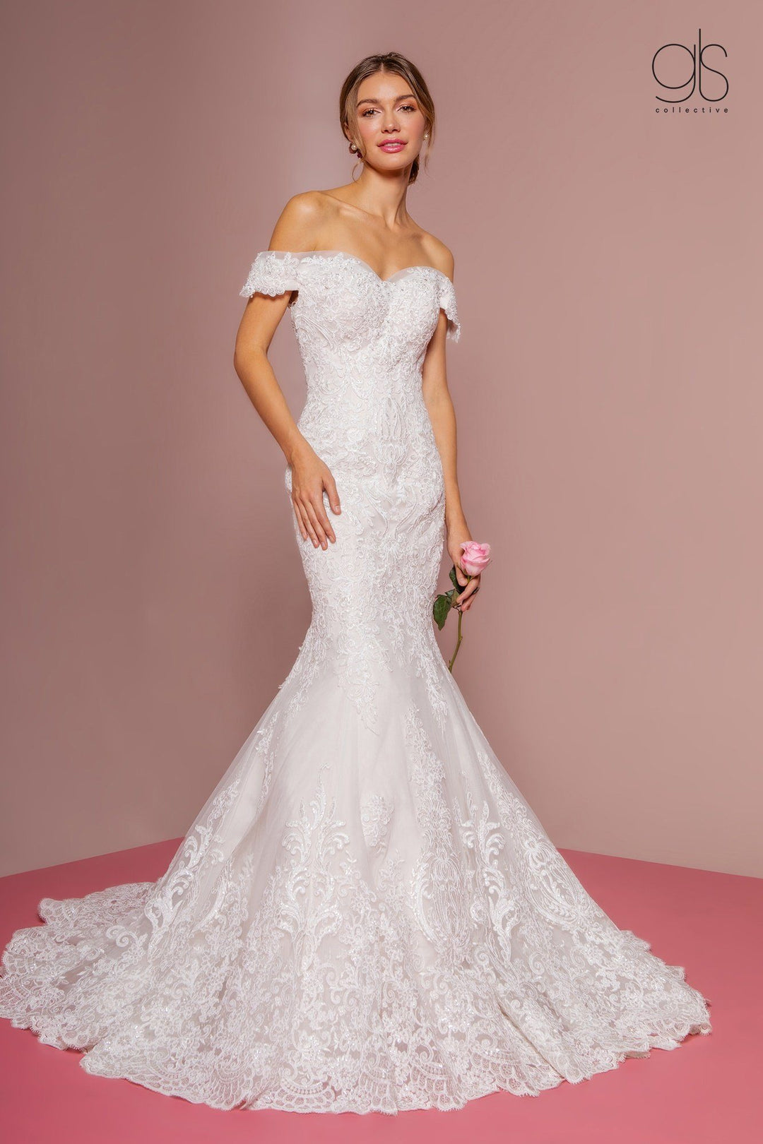 Off Shoulder Mermaid Wedding Dress with Sheer Back by Elizabeth K GL2594-Wedding Dresses-ABC Fashion