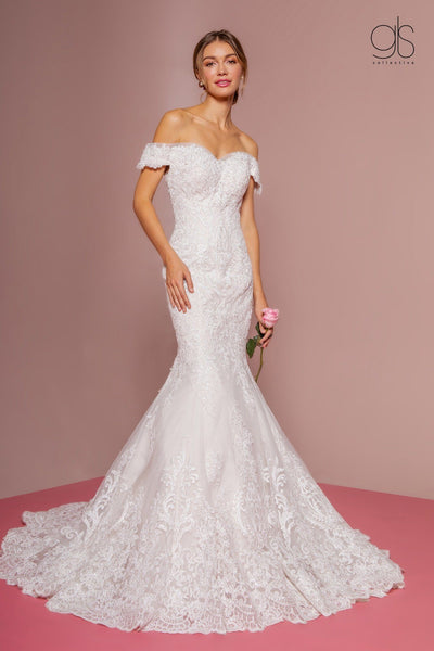 Off Shoulder Mermaid Wedding Dress with Sheer Back by Elizabeth K GL2594-Wedding Dresses-ABC Fashion
