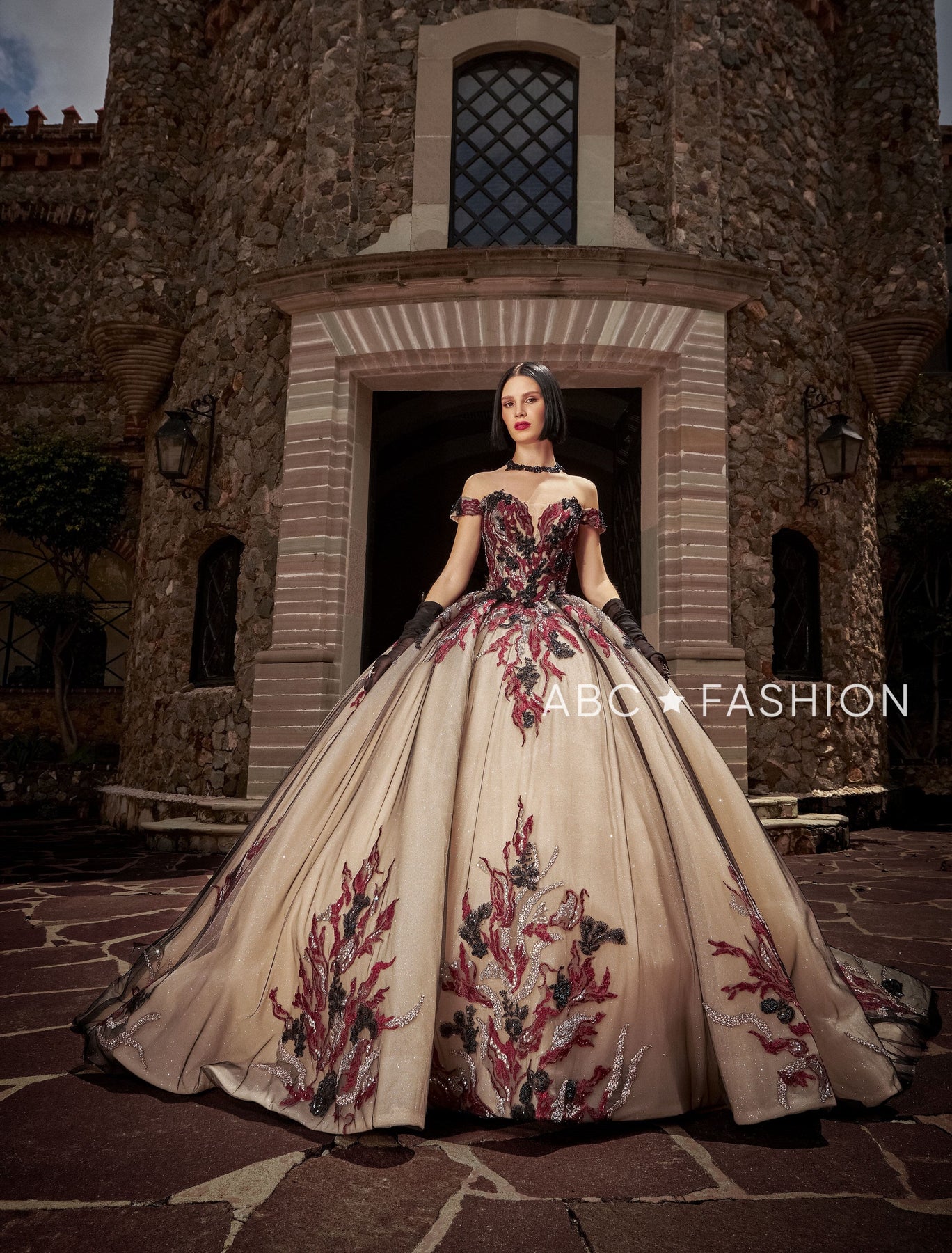 Off Shoulder Quinceanera Dress by Ragazza EV10-610 5 / Nude/Black/Red