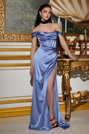 Off Shoulder Satin Corset Slit Gown by Ladivine 7492