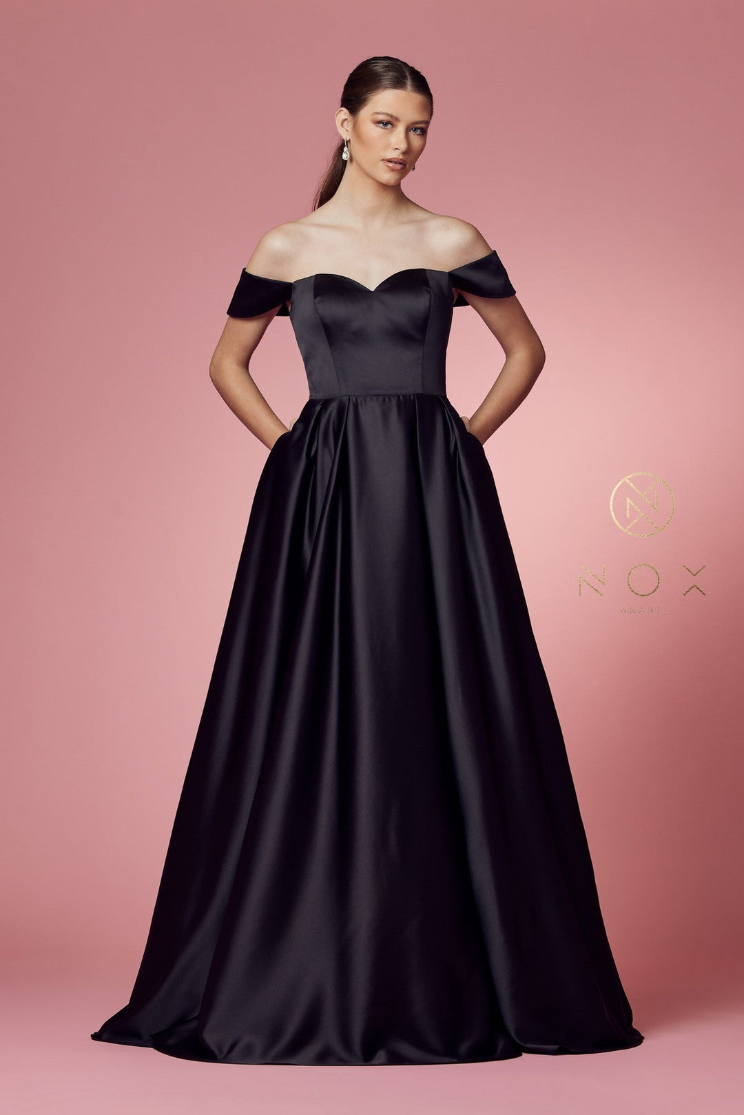Off Shoulder Satin Pocket Gown by Nox Anabel R1032