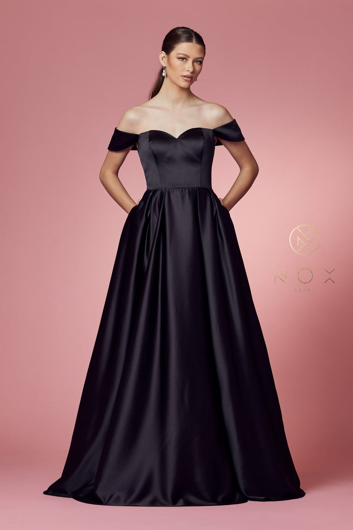 Off Shoulder Satin Pocket Gown by Nox Anabel R1032