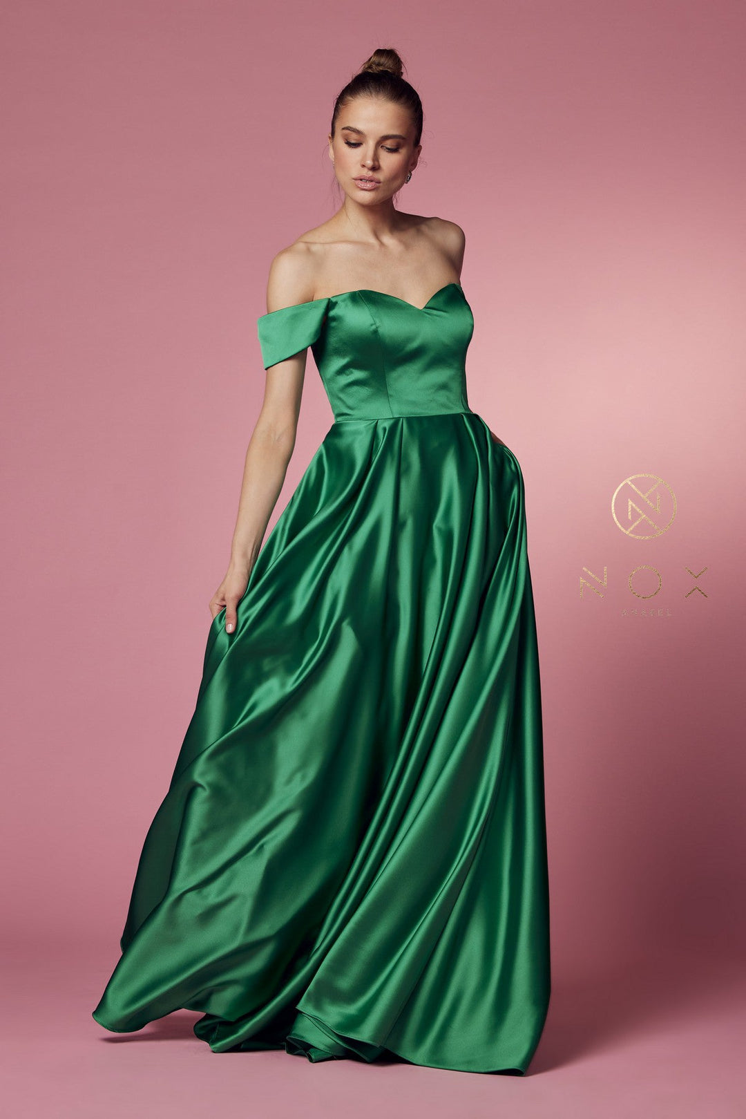 Off Shoulder Satin Pocket Gown by Nox Anabel R1032