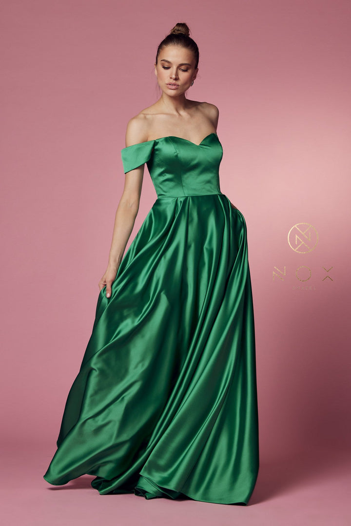 Off Shoulder Satin Pocket Gown by Nox Anabel R1032