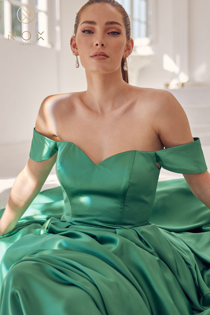 Off Shoulder Satin Pocket Gown by Nox Anabel R1032
