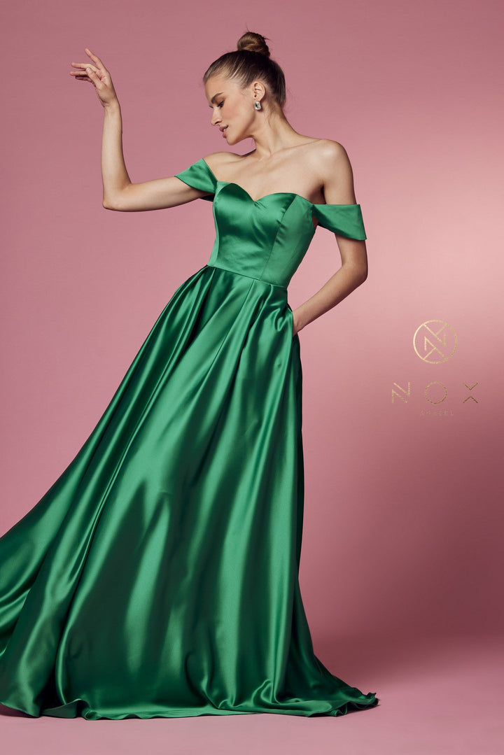 Off Shoulder Satin Pocket Gown by Nox Anabel R1032
