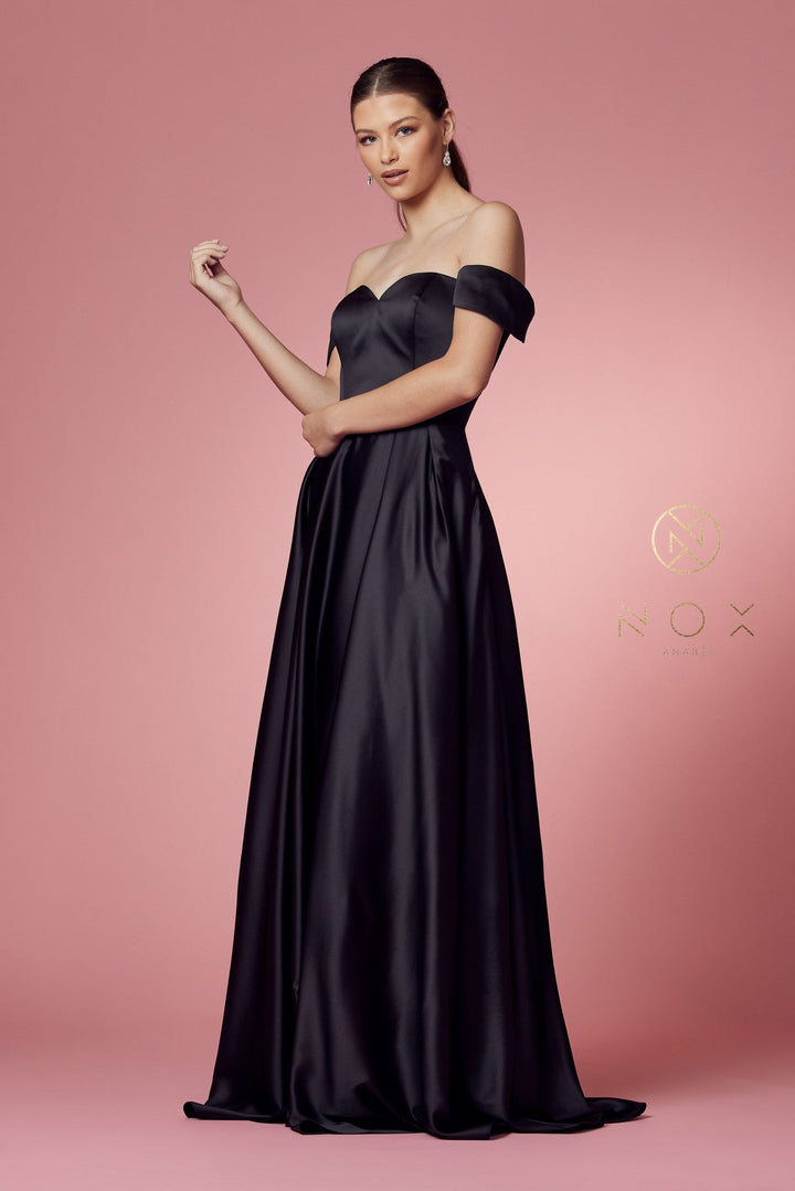 Off Shoulder Satin Pocket Gown by Nox Anabel R1032