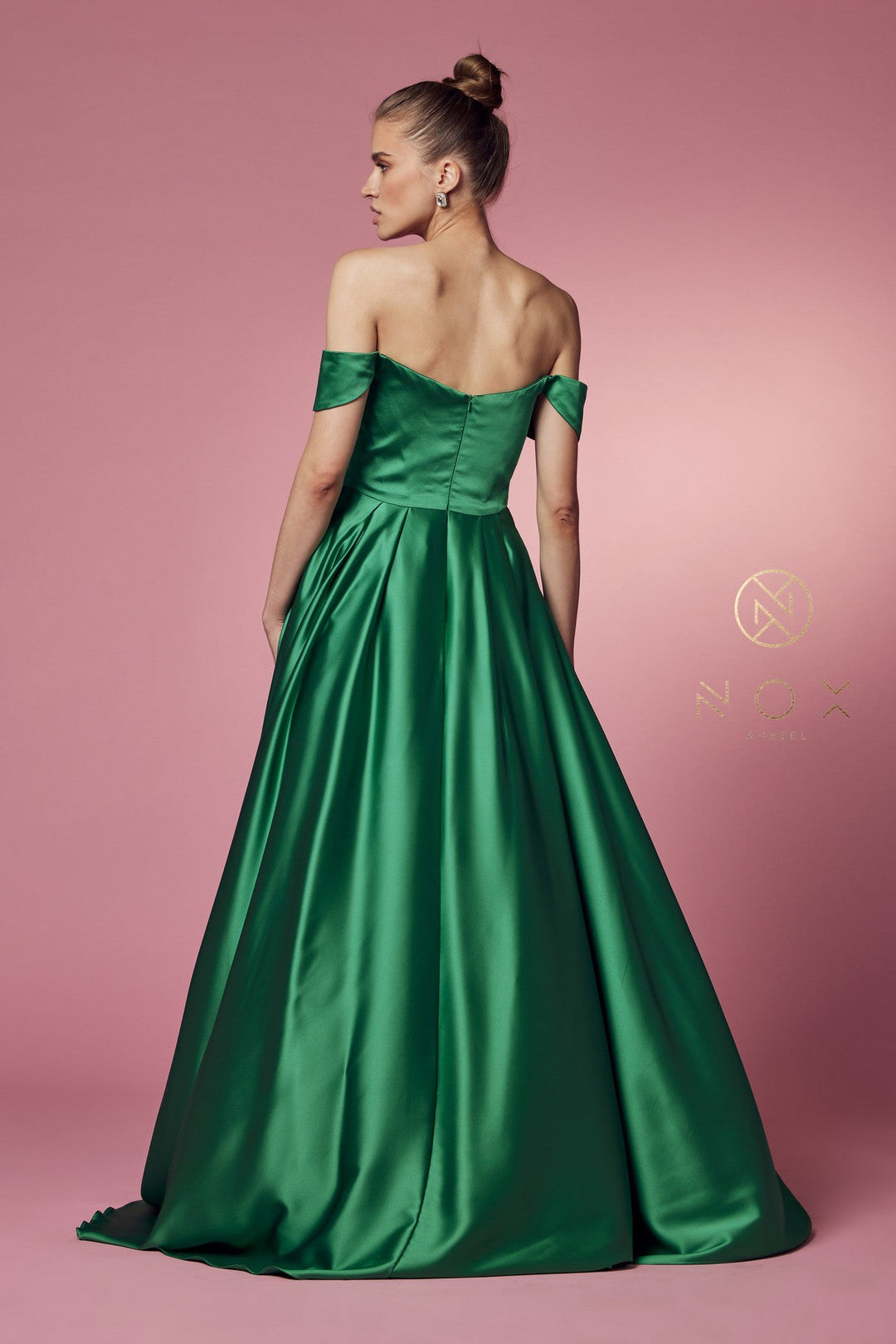 Off Shoulder Satin Pocket Gown by Nox Anabel R1032