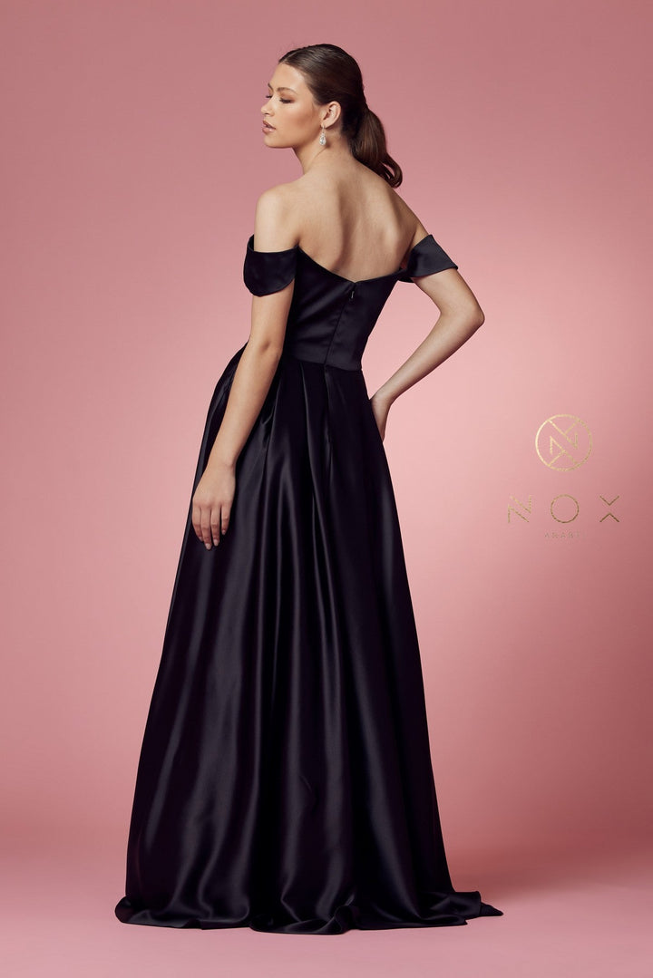 Off Shoulder Satin Pocket Gown by Nox Anabel R1032
