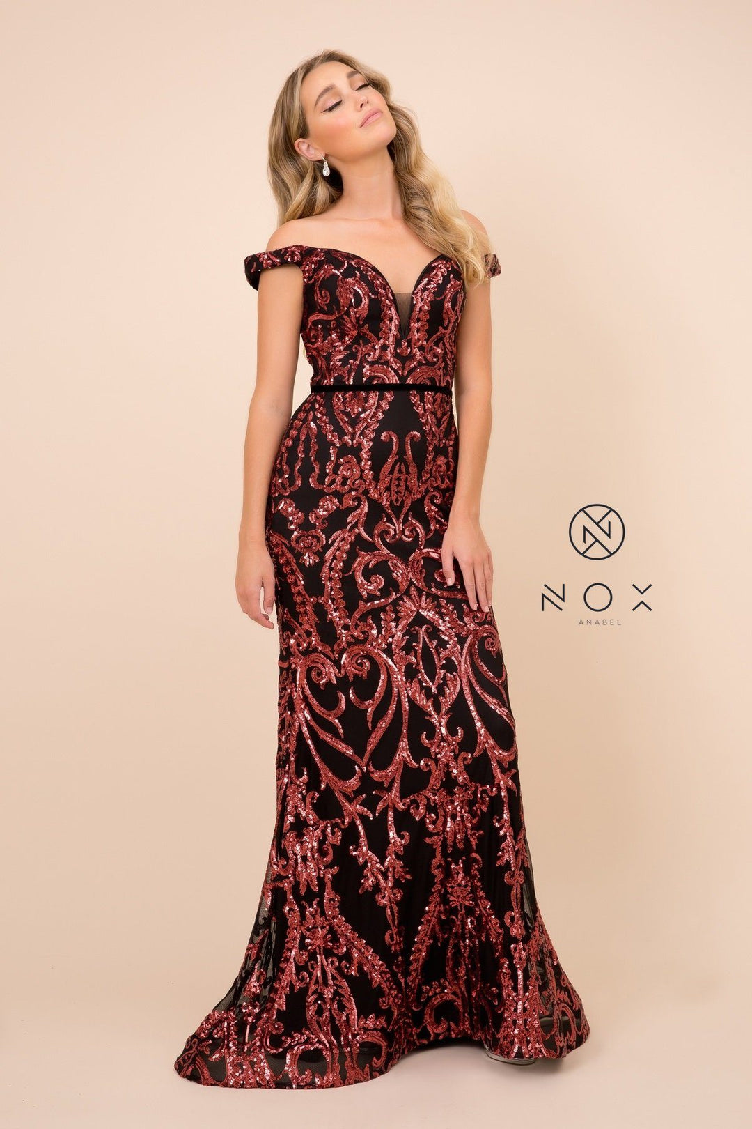 Off Shoulder Sequin Mermaid Gown by Nox Anabel P418