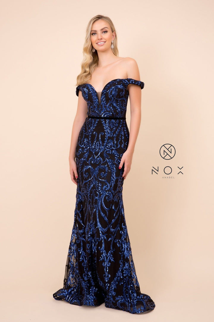 Off Shoulder Sequin Mermaid Gown by Nox Anabel P418