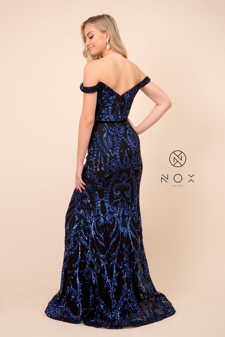 Off Shoulder Sequin Mermaid Gown by Nox Anabel P418