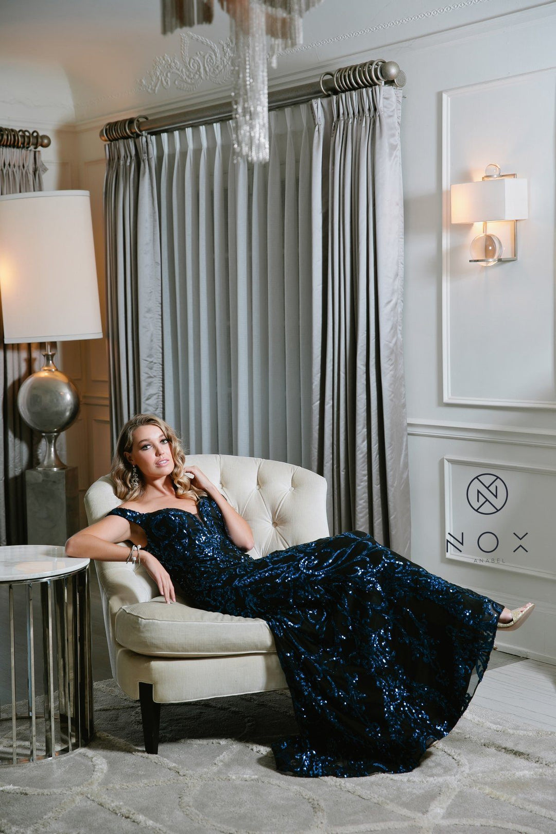 Off Shoulder Sequin Mermaid Gown by Nox Anabel P418