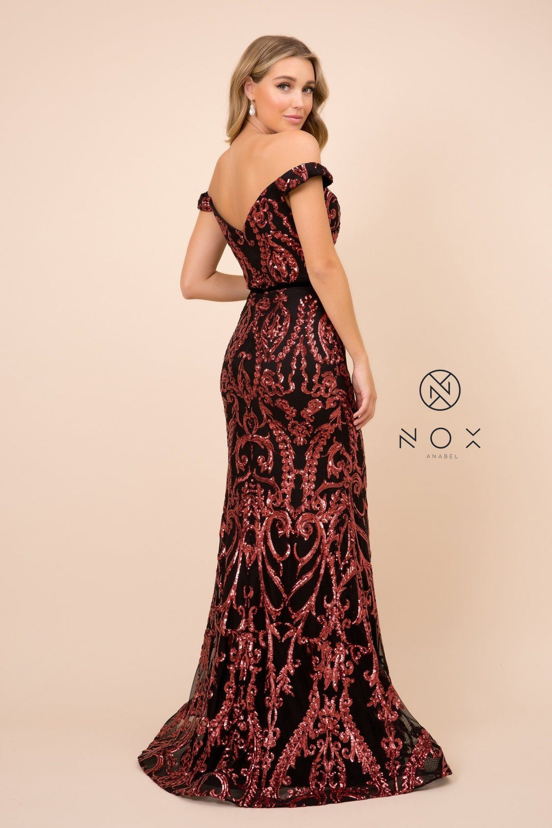 Off Shoulder Sequin Mermaid Gown by Nox Anabel P418