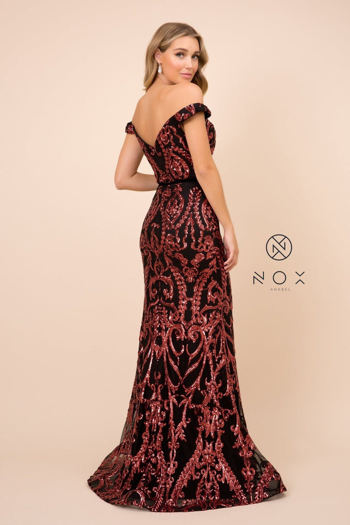 Off Shoulder Sequin Mermaid Gown by Nox Anabel P418