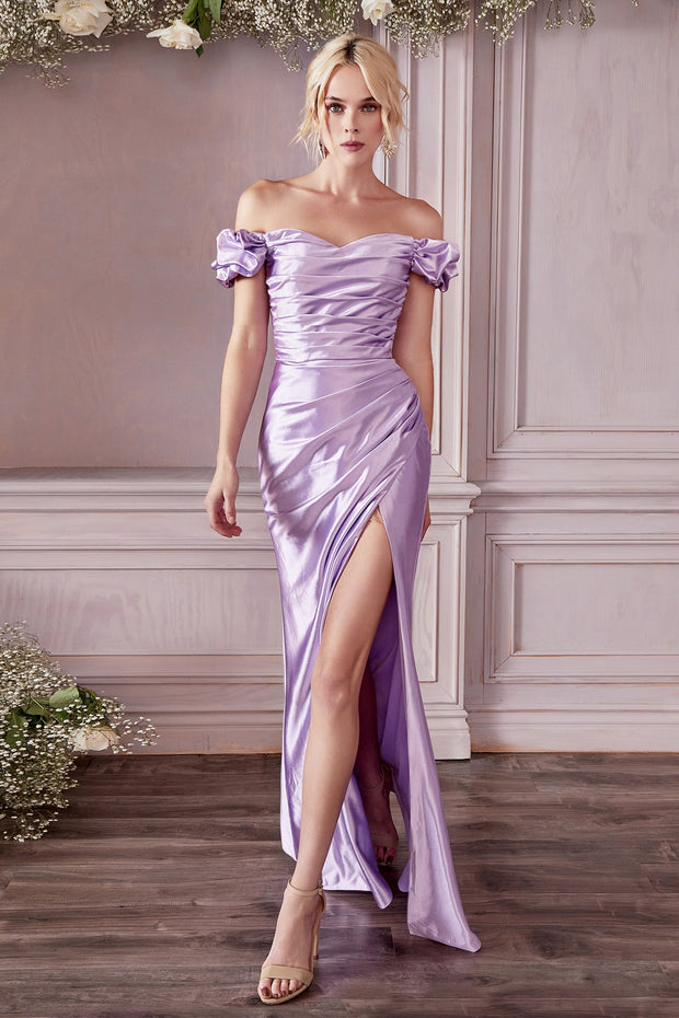 Off Shoulder Shiny Satin Gown by Cinderella Divine KV1056