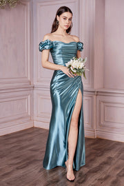 Off Shoulder Shiny Satin Gown by Cinderella Divine KV1056
