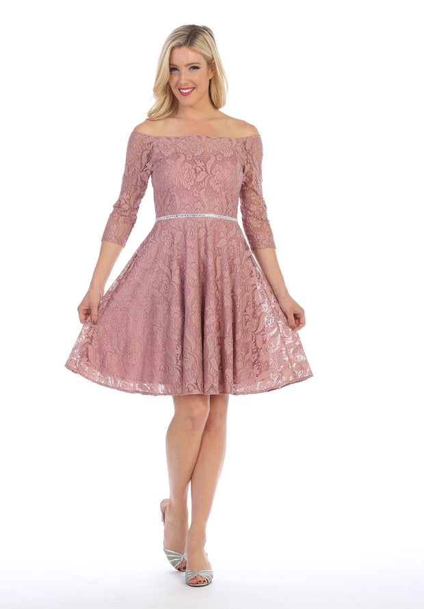 Off Shoulder Short Lace Dress with Mid-Sleeves by Celavie 6343-S-Short Cocktail Dresses-ABC Fashion