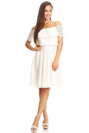 Off Shoulder Short Lace Flounce Dress by Celavie 6317-Short Cocktail Dresses-ABC Fashion