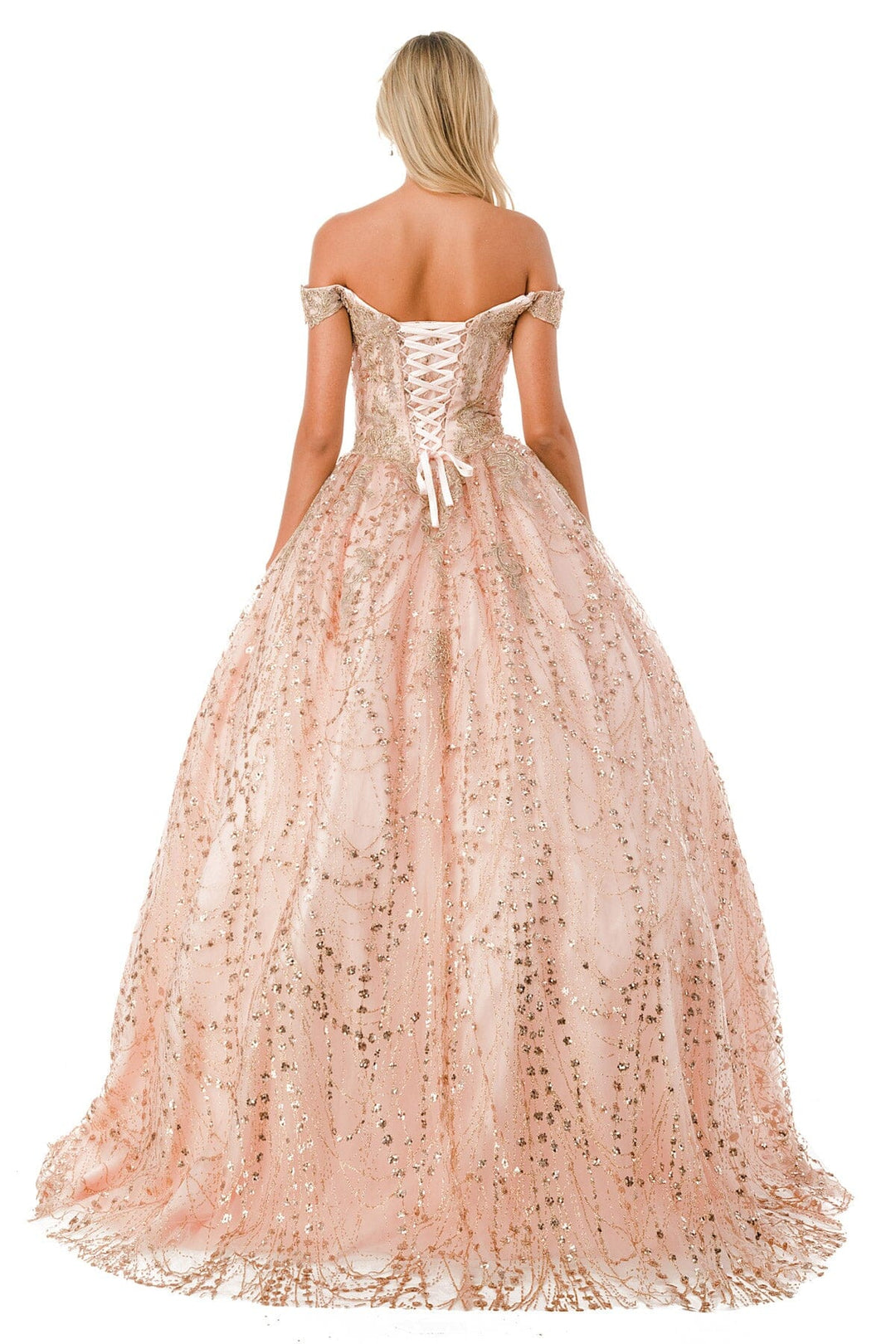 Off Shoulder Sweetheart Glitter Ball Gown by Coya L2753T