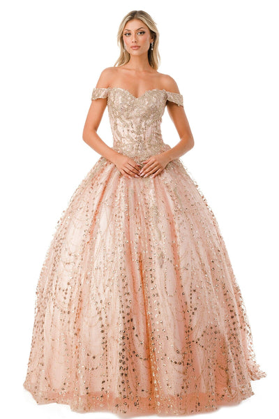 Off Shoulder Sweetheart Glitter Ball Gown by Coya L2753T
