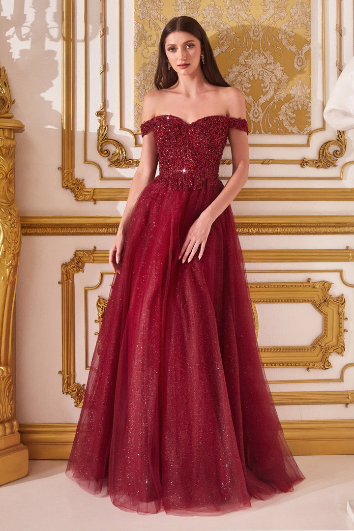 Off Shoulder Tulle Gown by Cinderella Divine CD0177