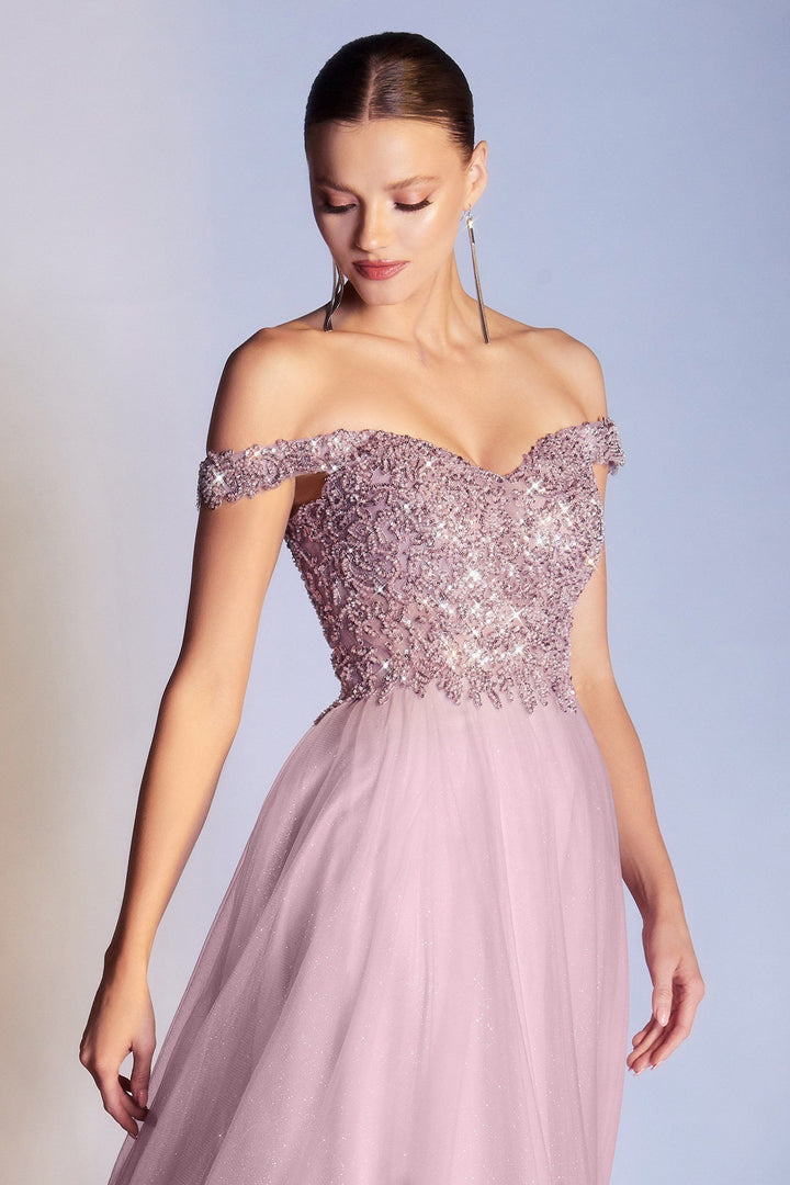Off Shoulder Tulle Gown by Cinderella Divine CD0177