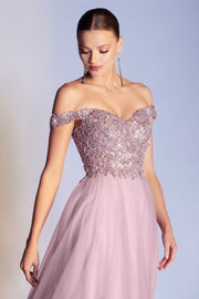 Off Shoulder Tulle Gown by Cinderella Divine CD0177