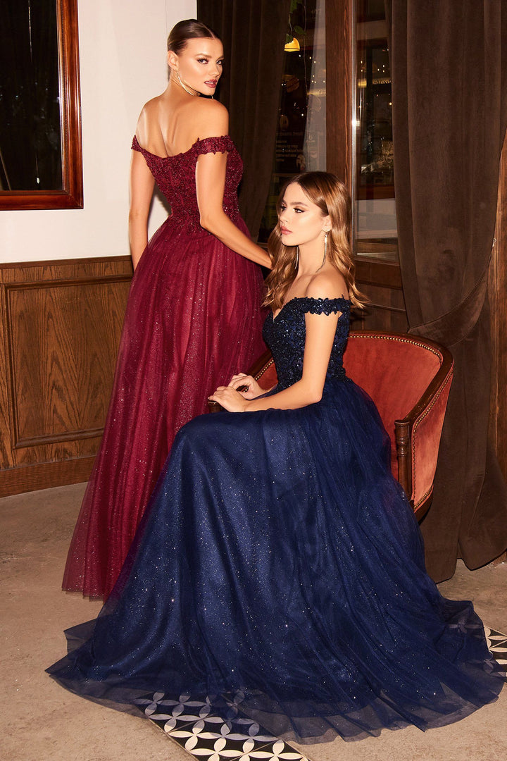 Off Shoulder Tulle Gown by Cinderella Divine CD0177