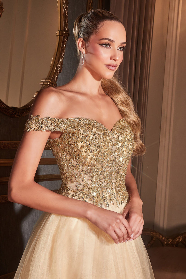 Off Shoulder Tulle Gown by Cinderella Divine CD0177