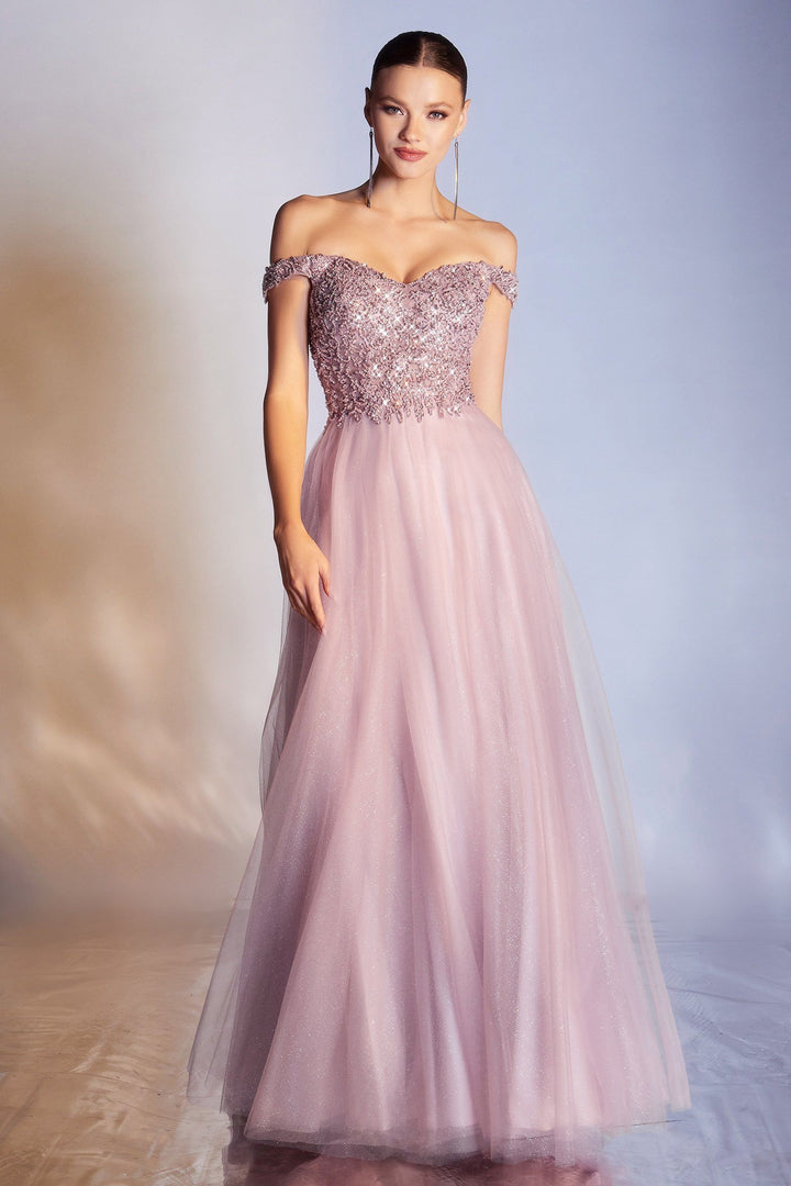 Off Shoulder Tulle Gown by Cinderella Divine CD0177