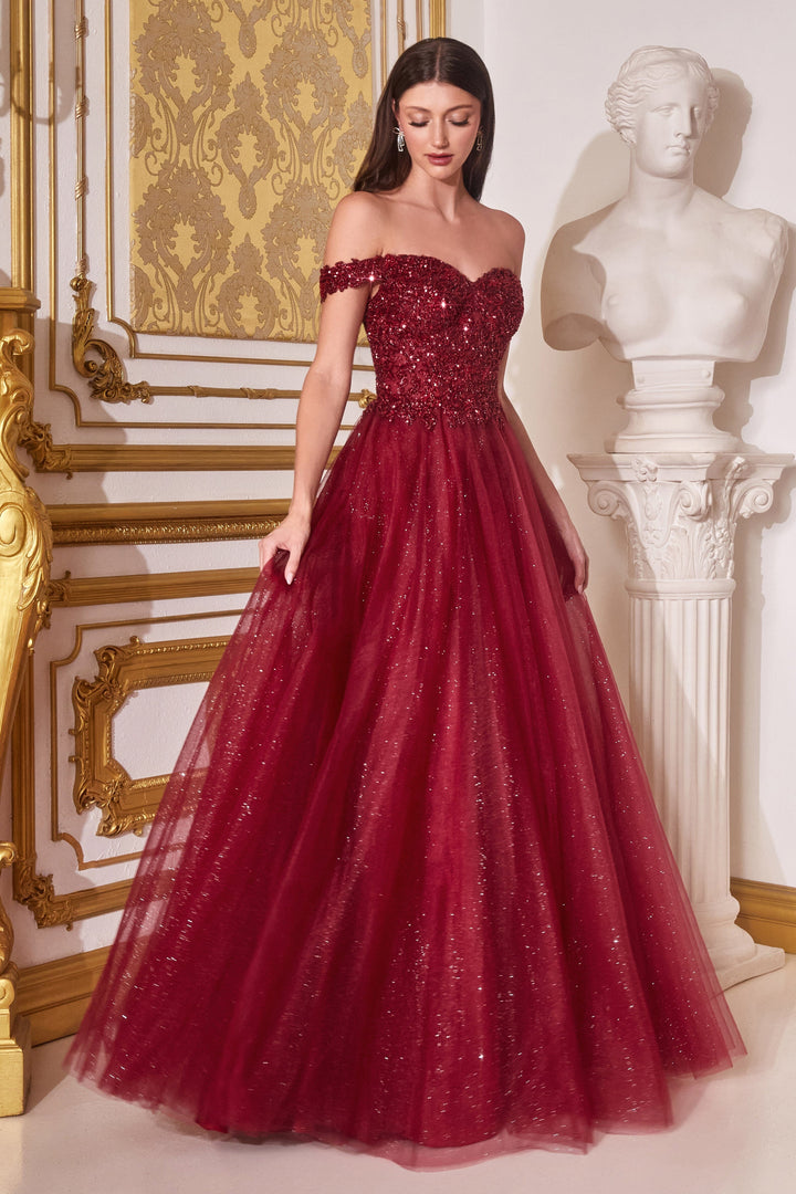 Off Shoulder Tulle Gown by Cinderella Divine CD0177