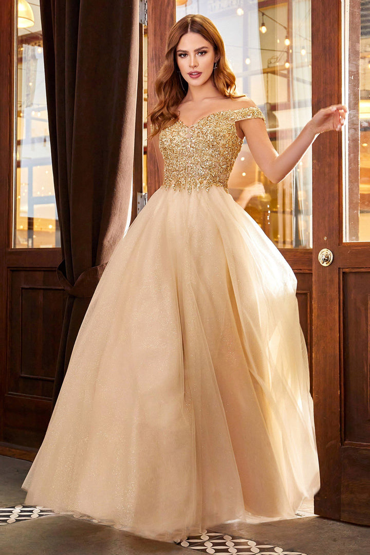 Off Shoulder Tulle Gown by Cinderella Divine CD0177
