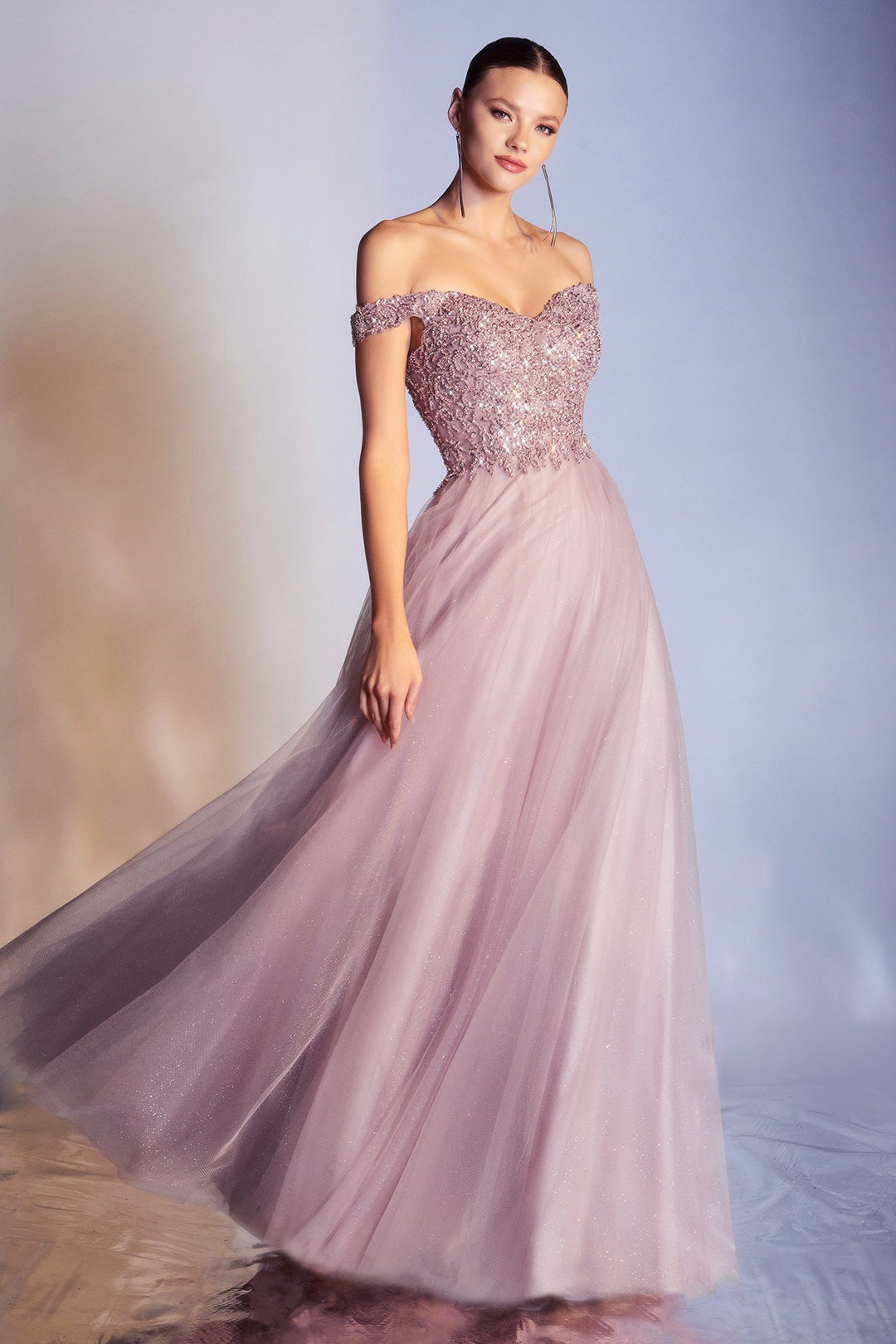 Off Shoulder Tulle Gown by Cinderella Divine CD0177