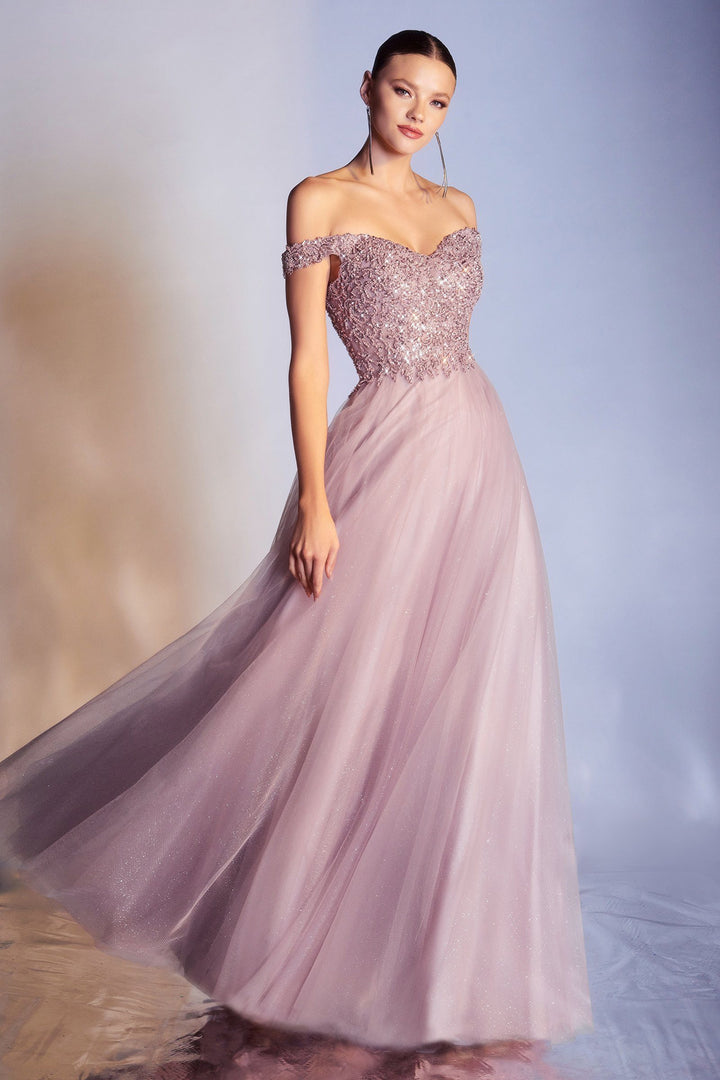 Off Shoulder Tulle Gown by Cinderella Divine CD0177